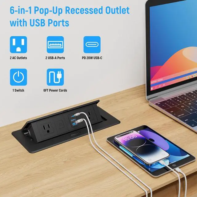 Alt view image 3 of 7 - Recessed Power Strip with 2 AC, 2 USB-A, USB-C Ports, Pop Up Power Outlet with PD 20W USB C Fast Charger, Receptacle Outlet with Switch and 6FT Cord for Conference Office Countertop, UL Listed,Black