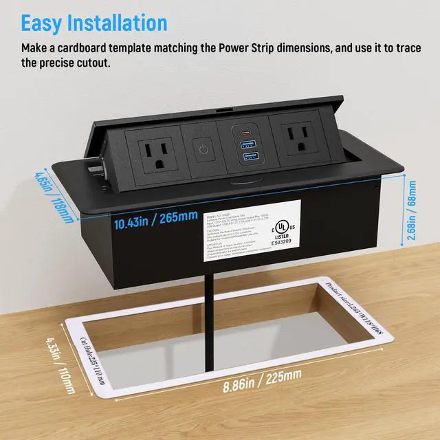 Alt view image 4 of 7 - Recessed Power Strip with 2 AC, 2 USB-A, USB-C Ports, Pop Up Power Outlet with PD 20W USB C Fast Charger, Receptacle Outlet with Switch and 6FT Cord for Conference Office Countertop, UL Listed,Black