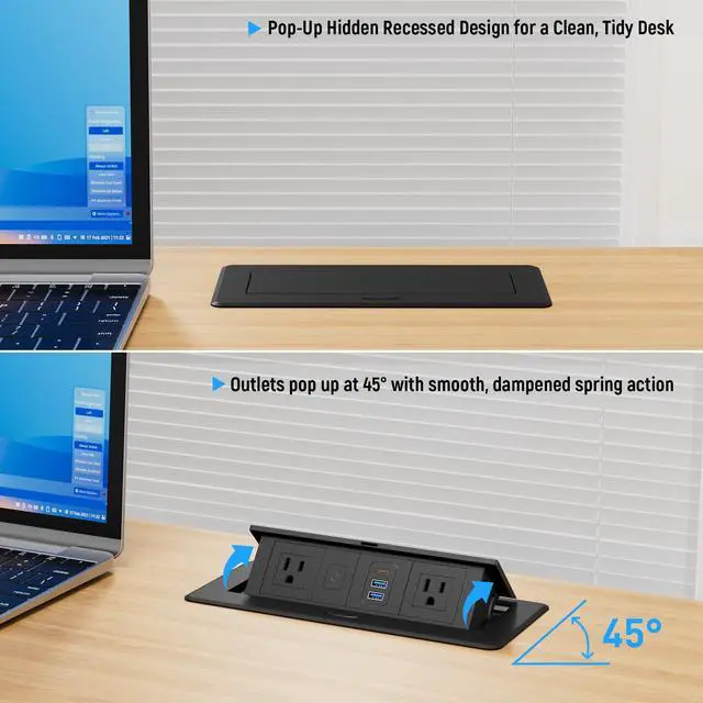 Alt view image 6 of 7 - Recessed Power Strip with 2 AC, 2 USB-A, USB-C Ports, Pop Up Power Outlet with PD 20W USB C Fast Charger, Receptacle Outlet with Switch and 6FT Cord for Conference Office Countertop, UL Listed,Black