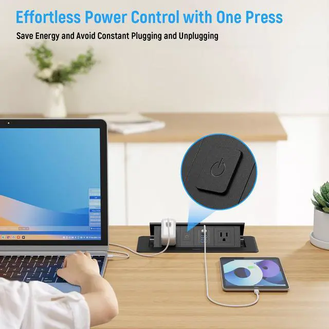 Alt view image 7 of 7 - Recessed Power Strip with 2 AC, 2 USB-A, USB-C Ports, Pop Up Power Outlet with PD 20W USB C Fast Charger, Receptacle Outlet with Switch and 6FT Cord for Conference Office Countertop, UL Listed,Black