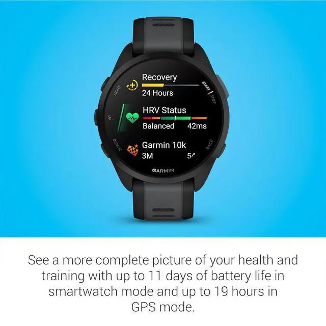Alt view image 4 of 7 - 010-02863-20 Forerunner 165 Smart Sport Watch, Black + Slate Gray Bundle with Silicone Dust Cover 3 Pack, 2X 1.2 Inch Screen Protector and 2 YR CPS Enhanced Protection Pack