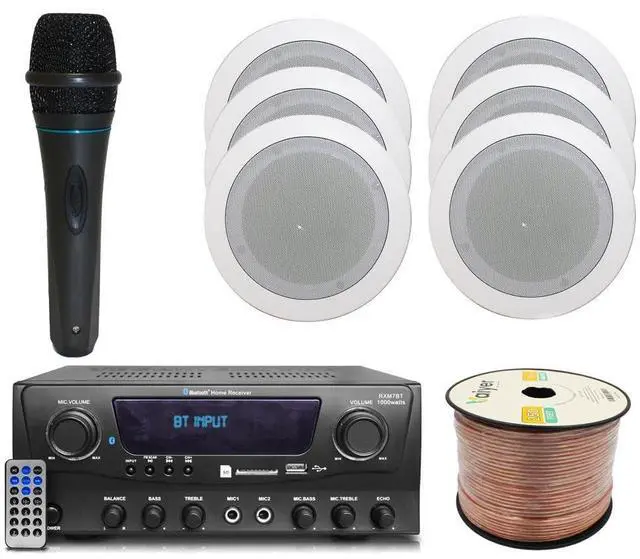 Main image of Home Theater System Kit 1000 Watts Bluetooth Receiver | 6 Qty 5.25" in-Wall in-Ceiling Speakers(175 Watts Each),16 Gauge 250 ft. Speaker Wire, Portable Microphone,Remote Control