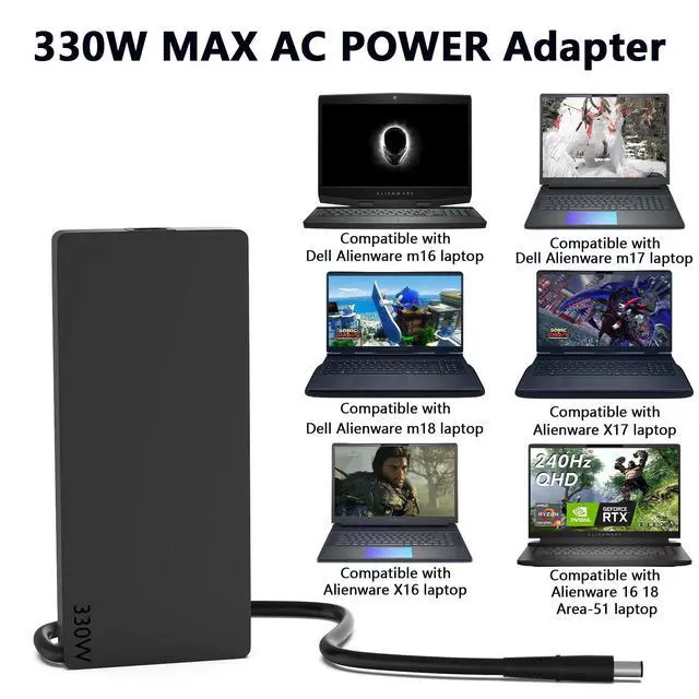 Alt view image 3 of 6 - 330W Laptop Charger 7.4mm 19.5V 16.92A Replacement for Dell Alienware | for Dell Alienware M18 M16 R2 R1 X16 X17 X51, Area-51m G15 G16 5530 7630 7620 DA330PM190 LA330PM190, Gaming Laptop Charger