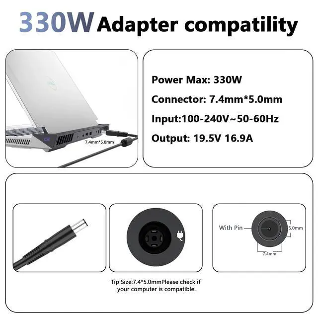 Alt view image 4 of 6 - 330W Laptop Charger 7.4mm 19.5V 16.92A Replacement for Dell Alienware | for Dell Alienware M18 M16 R2 R1 X16 X17 X51, Area-51m G15 G16 5530 7630 7620 DA330PM190 LA330PM190, Gaming Laptop Charger