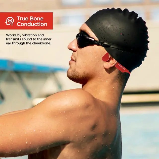 Alt view image 5 of 6 - Bluetooth Headphones, Prodigy Swim Bone Conduction, Wireless Waterproof IP68 Sports Headset with 8GB MP3 Storage, 12-Hour Playtime, Open-Ear Design for Swimming, Running & Workouts (Red)