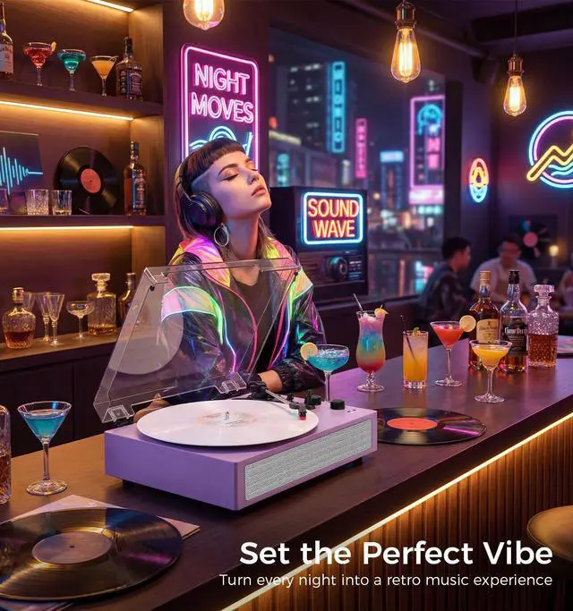 Alt view image 2 of 7 - Bluetooth Vinyl Record Player, 3-Speed Belt-Driven Turntable with Built-in Stereo Speakers, Wireless Playback, AUX/RCA/Headphone Jack, Auto Stop, Vintage All-in-One LP Phonograph Purple