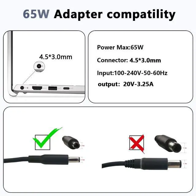 Alt view image 6 of 7 - 65W 4.5mm Tip Laptop Charger Compatible with Dell Inspiron 14 15 16 | For Dell Inspiron 15 3511 3520 3530 3535 3540 5559 5568 2-in-1, 16 5620 5630 5640 7640, 14 5420 5430 5490 2-in-1 AC Adapter