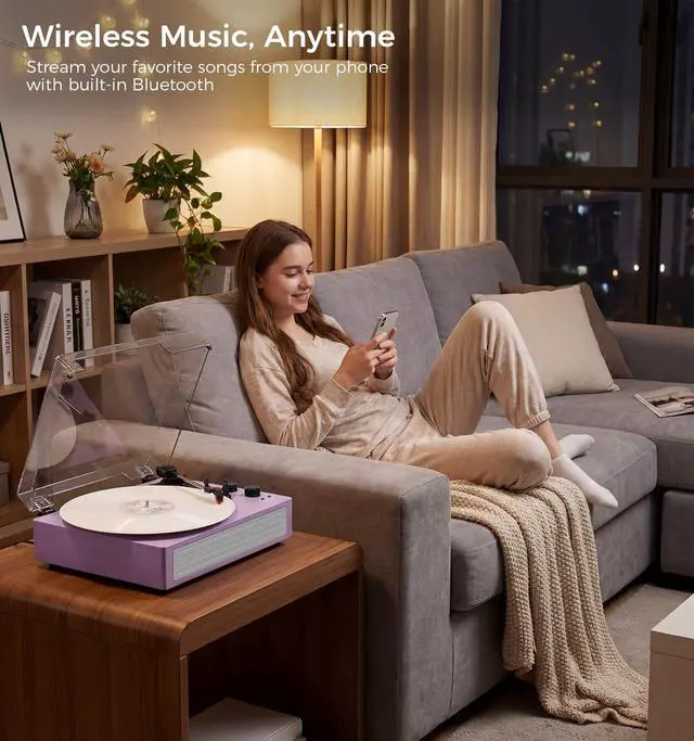 Alt view image 5 of 7 - Bluetooth Vinyl Record Player, 3-Speed Belt-Driven Turntable with Built-in Stereo Speakers, Wireless Playback, AUX/RCA/Headphone Jack, Auto Stop, Vintage All-in-One LP Phonograph Purple