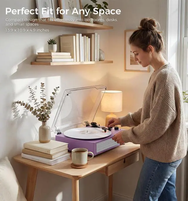 Alt view image 7 of 7 - Bluetooth Vinyl Record Player, 3-Speed Belt-Driven Turntable with Built-in Stereo Speakers, Wireless Playback, AUX/RCA/Headphone Jack, Auto Stop, Vintage All-in-One LP Phonograph Purple