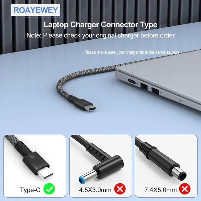 Alt view image 3 of 7 - New Slim 65W USB C Charger Compatible with HP Spectre X360 14 2 in 1,Elitebook x360, Pavilion Envy Elite x2 Fast Charging Type C Travel Laptop Power Adapter