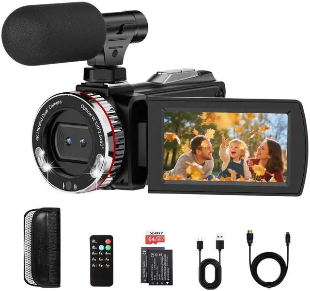 Main image of 4K 60FPS Video Camera Camcorder with HDMI Cable, 48MP Vlogging Camera for YouTube, Dual Lens Camera Recorder, 21X Zoom Rotatable Screen Video Recorder with Mic, 2 Batteries &64GB Card