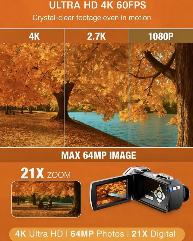 Alt view image 3 of 7 - 4K 60FPS Video Camera Camcorder with HDMI Cable, 48MP Vlogging Camera for YouTube, Dual Lens Camera Recorder, 21X Zoom Rotatable Screen Video Recorder with Mic, 2 Batteries &64GB Card