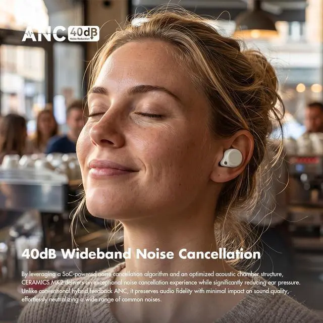 Alt view image 3 of 7 - Ceramics MK2 True Wireless Earbuds, Up to 40dB Noise Cancellation | Bluetooth 6.0, Hi-Res LDAC, IPX4 Sweat Resistant, 45H Playtime, HD Mics, Game Mode, Multipoint Connection, Night