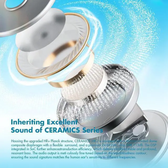 Alt view image 4 of 7 - Ceramics MK2 True Wireless Earbuds, Up to 40dB Noise Cancellation | Bluetooth 6.0, Hi-Res LDAC, IPX4 Sweat Resistant, 45H Playtime, HD Mics, Game Mode, Multipoint Connection, Night