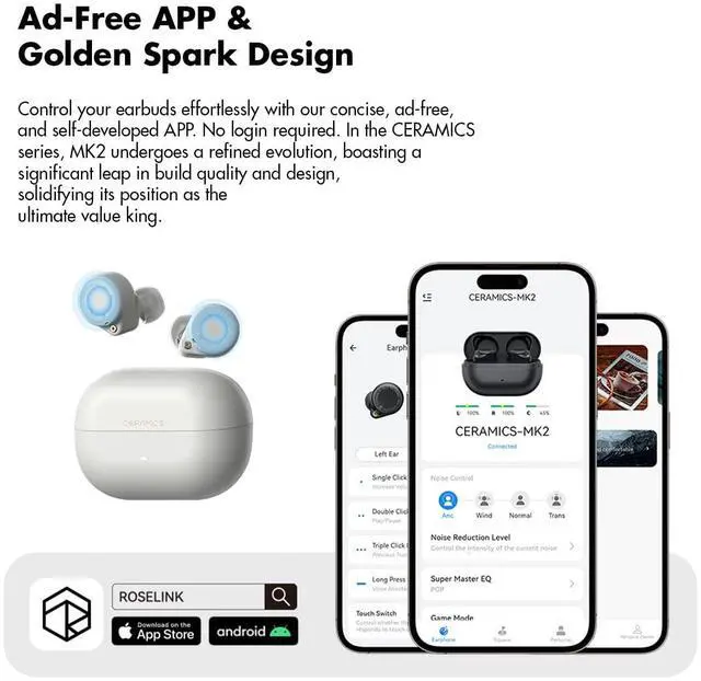Alt view image 5 of 7 - Ceramics MK2 True Wireless Earbuds, Up to 40dB Noise Cancellation | Bluetooth 6.0, Hi-Res LDAC, IPX4 Sweat Resistant, 45H Playtime, HD Mics, Game Mode, Multipoint Connection, Night