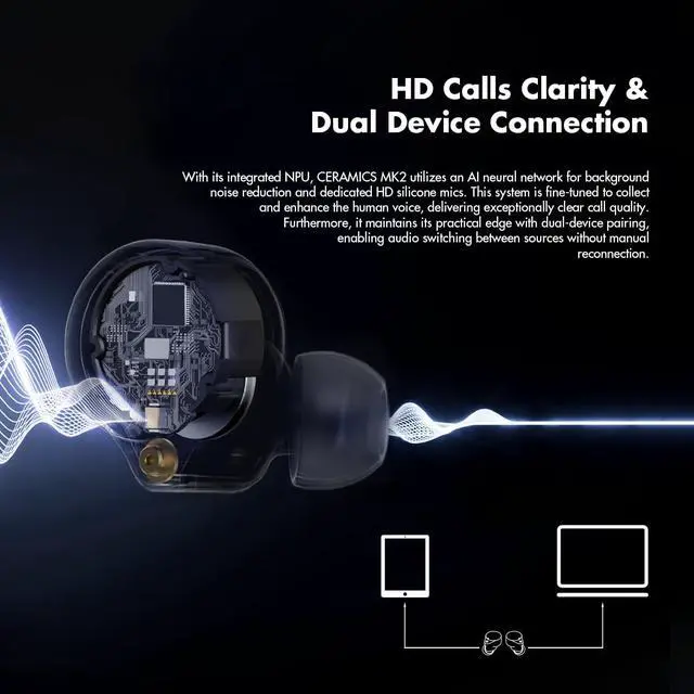 Alt view image 2 of 7 - Ceramics MK2 True Wireless Earbuds, Up to 40dB Noise Cancellation | Bluetooth 6.0, Hi-Res LDAC, IPX4 Sweat Resistant, 45H Playtime, HD Mics, Game Mode, Multipoint Connection, Night