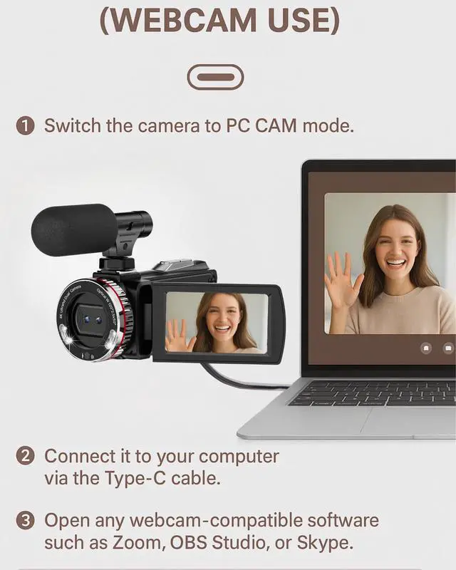 Alt view image 6 of 7 - 4K 60FPS Video Camera Camcorder with HDMI Cable, 48MP Vlogging Camera for YouTube, Dual Lens Camera Recorder, 21X Zoom Rotatable Screen Video Recorder with Mic, 2 Batteries &64GB Card