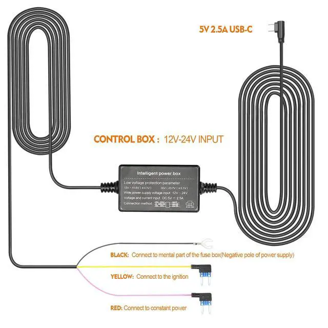 Alt view image 2 of 6 - PAPAGO Dashboard Camera with Sensor Type-C Port USB-C Plug Hardwire Kit for Dash Cam Fuse 12V-24V to 5V Car Dash Cam Charger Power Cable, Fuse Connector Cable and Installation Tool (10ft) (AP100)