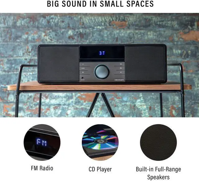 Alt view image 2 of 6 - CR3502A-BK Metro Clock Radio and CD Player, Black | Bluetooth In, Internal Full-Range Stereo Speakers, FM Radio, Wire Antenna