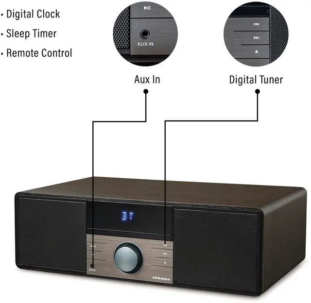 Alt view image 3 of 6 - CR3502A-BK Metro Clock Radio and CD Player, Black | Bluetooth In, Internal Full-Range Stereo Speakers, FM Radio, Wire Antenna
