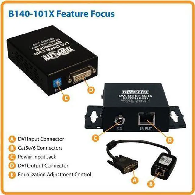 Alt view image 6 of 6 - DVI Over Cat5 / Cat6 Ethernet Cable Active Extender, Video Receiver and Transmitter, Extend up to 200 Feet / 60 Meters, 1920x1080 at 60Hz, (B140-101X)