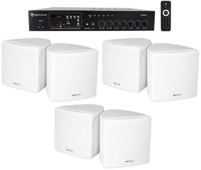 Main image of RCS80-1 60W 70V Restaurant Amplifier with White Cube Speakers | Bluetooth, USB/SD, FM Tuner, 2 Mic Inputs, 6W/3W/1.5W Adjustable Tap, 6 Cube 3.5" Swivel Wall Mount Speakers, 7-Items