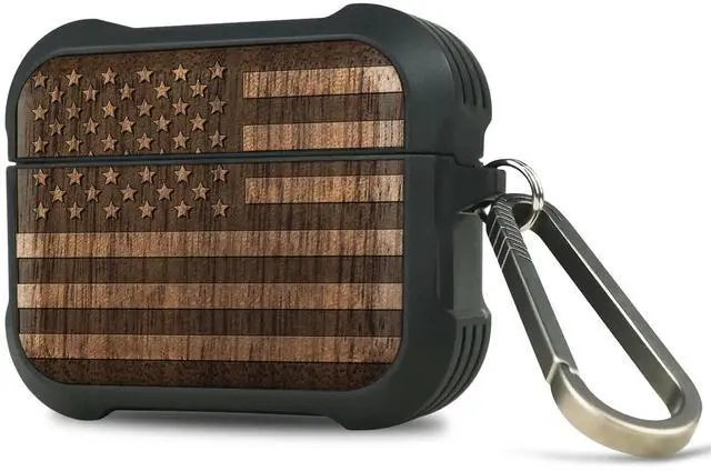 Main image of Solid Wood Case for AirPods Pro 2, American Flag, Walnut | AirPods Pro Case 2nd/1st Generation with Quick-Release Keychain, Shockproof TPU Cover, Artisan-Engraved Solid Wood