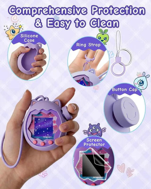 Alt view image 3 of 6 - Silicone Protective Case for Tamagotchi Paradise Electronic Pet | Includes knob cover, 2 screen protectors & anti-loss lanyard. Lightweight, washable, shock-absorbing, with full port access