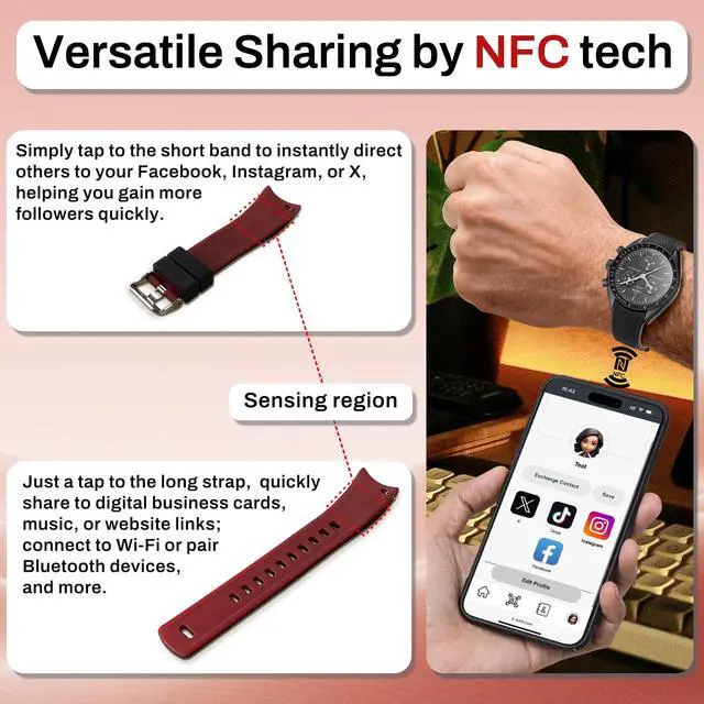 Alt view image 4 of 7 - Digital Business Card NFC Watch Band Bicolor Silicone Strap, Smart NFC Wristband for Men and Women, Instant App-Free Sharing Compatible with iPhone & Android,20-24mm