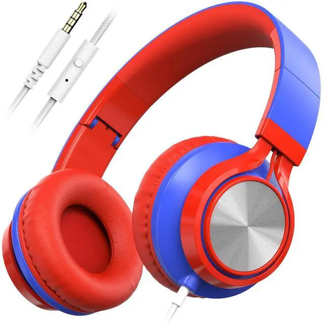 Main image of Kids School Headphones with Microphone & 3.5mm Jack, Red Blue | K-12 School Students Use, Travel, Comfortable, Kids & Teens, Duarable, Adjustable & Foldable, For Chromebook & Tablet