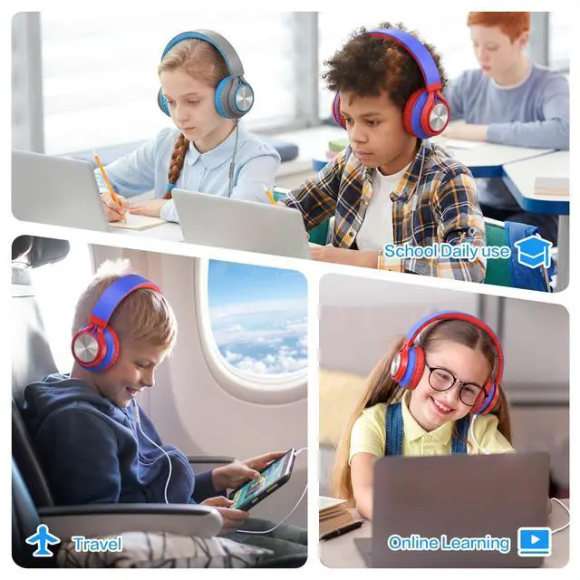 Alt view image 2 of 7 - Kids School Headphones with Microphone & 3.5mm Jack, Red Blue | K-12 School Students Use, Travel, Comfortable, Kids & Teens, Duarable, Adjustable & Foldable, For Chromebook & Tablet
