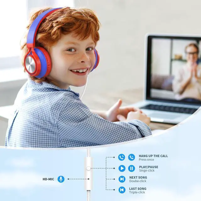 Alt view image 3 of 7 - Kids School Headphones with Microphone & 3.5mm Jack, Red Blue | K-12 School Students Use, Travel, Comfortable, Kids & Teens, Duarable, Adjustable & Foldable, For Chromebook & Tablet