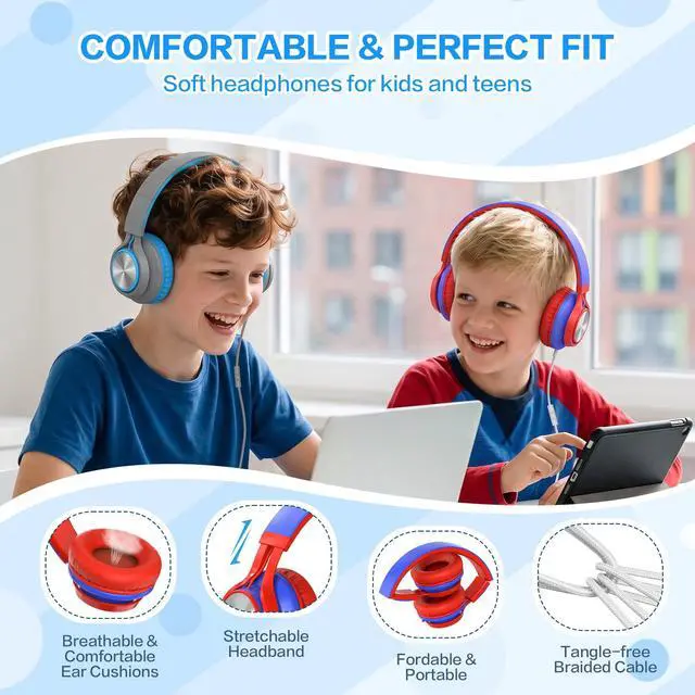Alt view image 4 of 7 - Kids School Headphones with Microphone & 3.5mm Jack, Red Blue | K-12 School Students Use, Travel, Comfortable, Kids & Teens, Duarable, Adjustable & Foldable, For Chromebook & Tablet