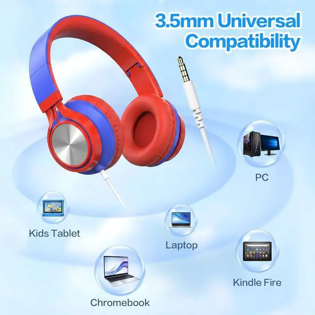 Alt view image 6 of 7 - Kids School Headphones with Microphone & 3.5mm Jack, Red Blue | K-12 School Students Use, Travel, Comfortable, Kids & Teens, Duarable, Adjustable & Foldable, For Chromebook & Tablet