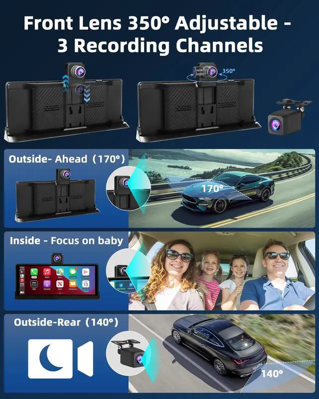 Alt view image 2 of 7 - 2026 Exclusive 10.26'' 4K CarPlay Screen for Car 350° Rotate Lens Wireless Apple Carplay Android Auto Screen w 4K Dash Cam Voice Control Bluetooth Navigation 1080P Rear Cam Unique Bracket
