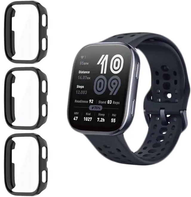 Main image of 3 Pack Screen Protector Case for Amazfit Bip6 Full Cover with Built-in 9H Tempered Glass, Hard PC Shell- Black