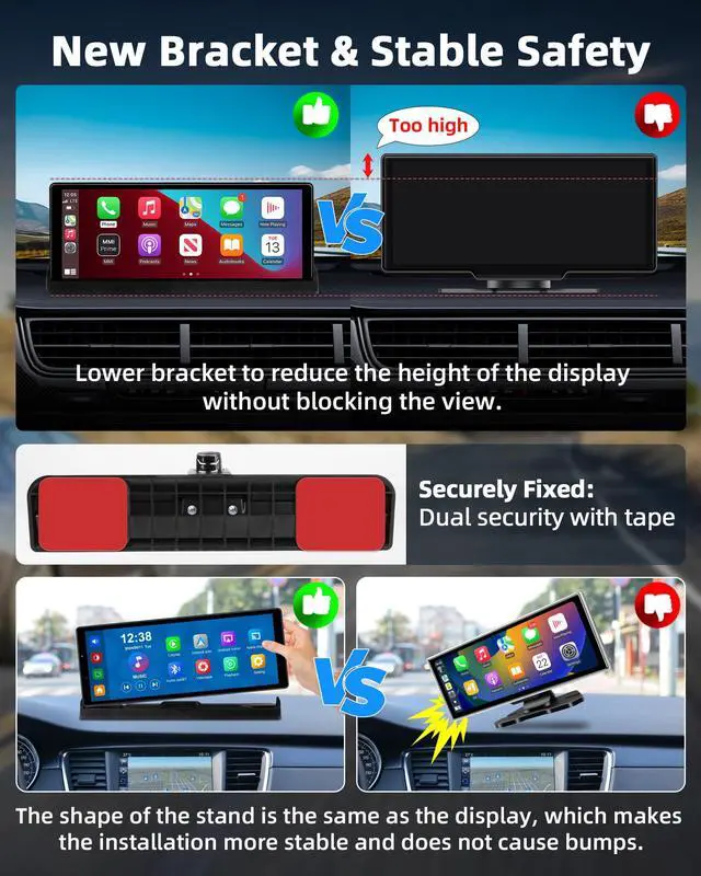 Alt view image 3 of 7 - 2026 Exclusive 10.26'' 4K CarPlay Screen for Car 350° Rotate Lens Wireless Apple Carplay Android Auto Screen w 4K Dash Cam Voice Control Bluetooth Navigation 1080P Rear Cam Unique Bracket