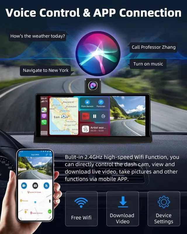 Alt view image 6 of 7 - 2026 Exclusive 10.26'' 4K CarPlay Screen for Car 350° Rotate Lens Wireless Apple Carplay Android Auto Screen w 4K Dash Cam Voice Control Bluetooth Navigation 1080P Rear Cam Unique Bracket