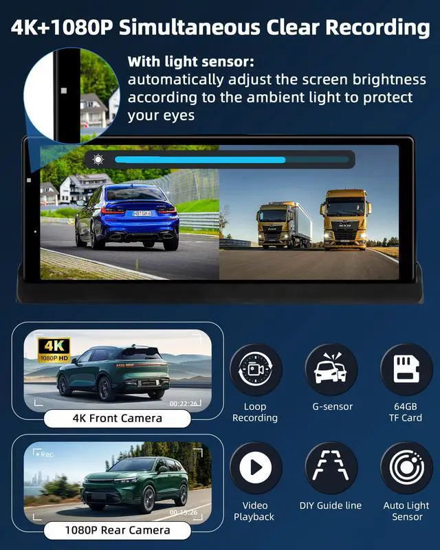 Alt view image 4 of 7 - 2026 Exclusive 10.26'' 4K CarPlay Screen for Car 350° Rotate Lens Wireless Apple Carplay Android Auto Screen w 4K Dash Cam Voice Control Bluetooth Navigation 1080P Rear Cam Unique Bracket
