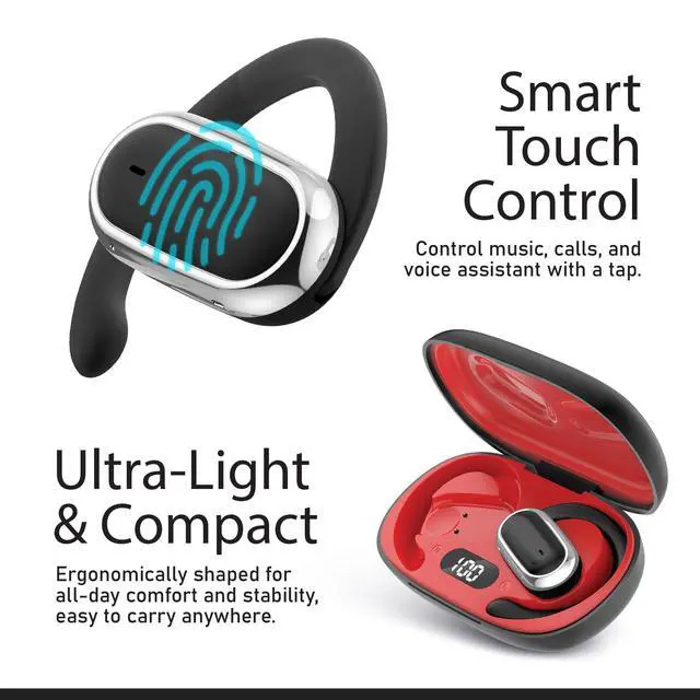 Alt view image 3 of 6 - Open Ear Wireless Earbuds, Bluetooth 5.4 Headphones with Smart Digital Display and Ergonomic Secure Fit Earhook, Touch Controls, Sweat Resistant, Sports/Fitness/Travel/Workouts (Black)