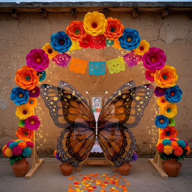 Alt view image 3 of 7 - 47" Giant Monarch Butterfly Decoration for Día De Los Muertos Large Mariposas Grandes Para Decor, 3D Big Realistic Artificial Fake Butterfly Backdrop, Day of The Dead Party Photo Booth