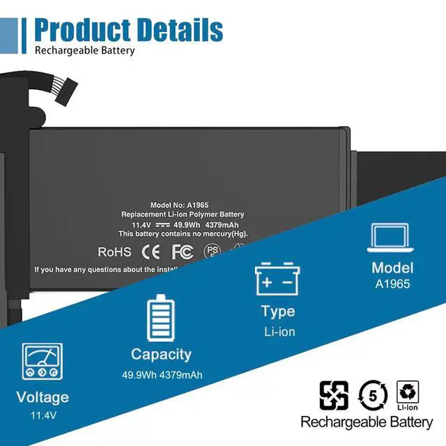 Alt view image 2 of 5 - A1965 Laptop Battery Replacement for MacBook Air 13" Retina (2018 2019, Early 2020) EMC 3184 3302 MRE82 MRE92 MVFH2 MWTJ2 MVH22 MacBookAir8,1 8,2 9,1 Series A1932 A2179 11.4 V 55 Wh 4800 mAh