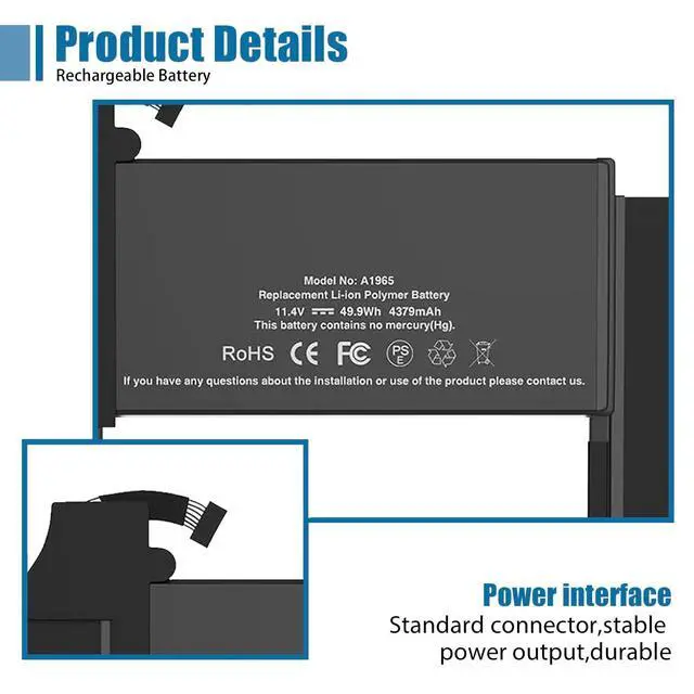 Alt view image 3 of 5 - A1965 Laptop Battery Replacement for MacBook Air 13" Retina (2018 2019, Early 2020) EMC 3184 3302 MRE82 MRE92 MVFH2 MWTJ2 MVH22 MacBookAir8,1 8,2 9,1 Series A1932 A2179 11.4 V 55 Wh 4800 mAh