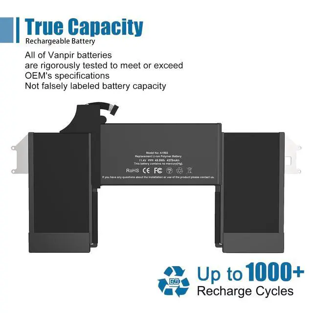 Alt view image 5 of 5 - A1965 Laptop Battery Replacement for MacBook Air 13" Retina (2018 2019, Early 2020) EMC 3184 3302 MRE82 MRE92 MVFH2 MWTJ2 MVH22 MacBookAir8,1 8,2 9,1 Series A1932 A2179 11.4 V 55 Wh 4800 mAh
