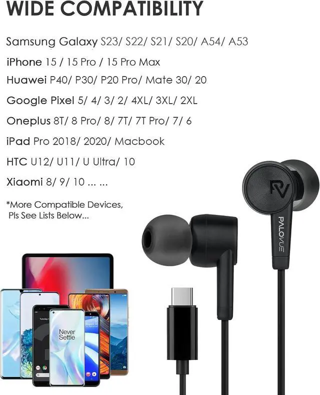 Alt view image 6 of 6 - USB Type C Headphones in Ear Earphones Earbuds for Galaxy S26 | Sound & Noise Isolation with Mic and Vulume Control for Galaxy S25/S24/S23/Galaxy Note 10, iPhone 17/16/15, Black