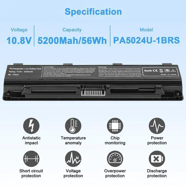 Alt view image 2 of 7 - 56Wh PA5024U-1BRS Battery Replacement for Toshiba Satellite C55 C55-A C55T C55DT C55D C855 C855D L855 L875 P855 P875 S855 S875 Series PA5109U-1BRS PA5026U-1BRS PABAS272 Laptop Battery