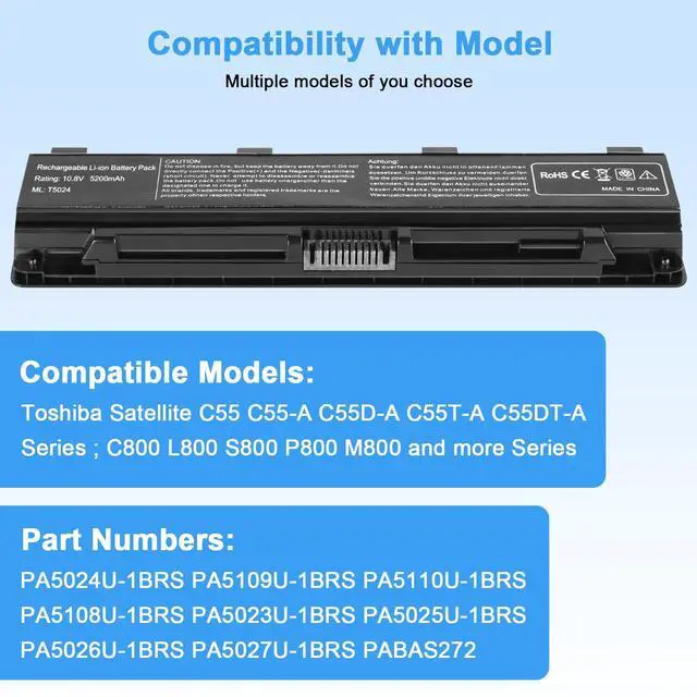 Alt view image 4 of 7 - 56Wh PA5024U-1BRS Battery Replacement for Toshiba Satellite C55 C55-A C55T C55DT C55D C855 C855D L855 L875 P855 P875 S855 S875 Series PA5109U-1BRS PA5026U-1BRS PABAS272 Laptop Battery