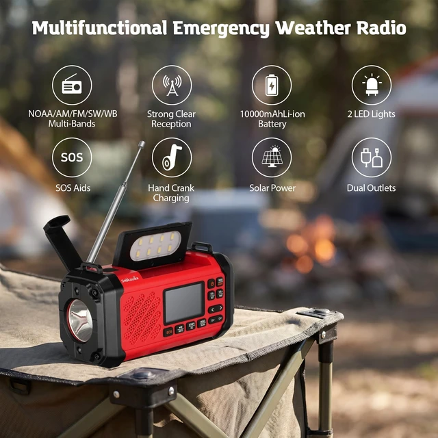 Alt view image 2 of 7 - 10000mAh Emergency Weather Radio, Hand Crank Solar Radio Red Weather NOAA Radio AM FM with USB/Solar Charging Builtin Fashlight, SOS Alarm for Hurricane, Sorm and Camping