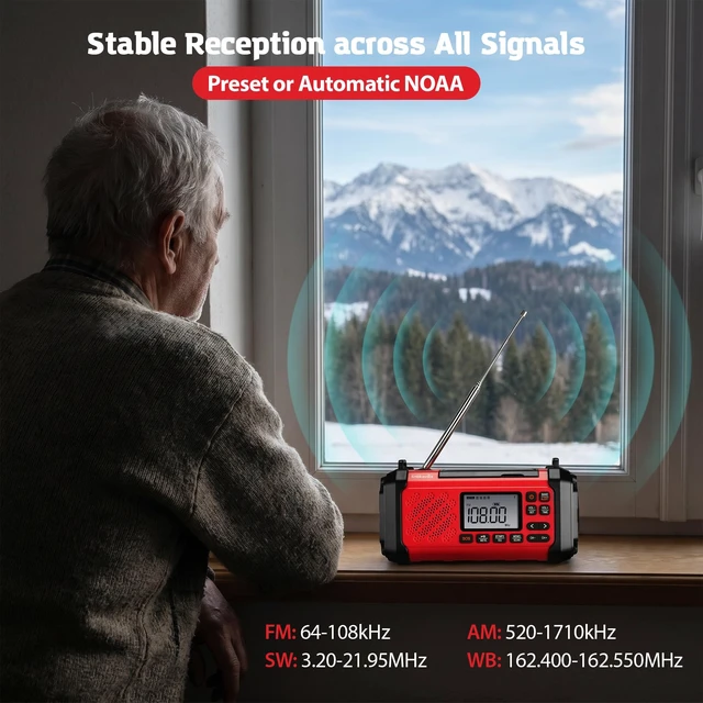 Alt view image 3 of 7 - 10000mAh Emergency Weather Radio, Hand Crank Solar Radio Red Weather NOAA Radio AM FM with USB/Solar Charging Builtin Fashlight, SOS Alarm for Hurricane, Sorm and Camping