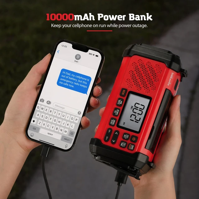 Alt view image 4 of 7 - 10000mAh Emergency Weather Radio, Hand Crank Solar Radio Red Weather NOAA Radio AM FM with USB/Solar Charging Builtin Fashlight, SOS Alarm for Hurricane, Sorm and Camping
